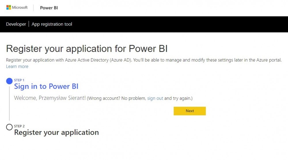 The image shows how to register application for Power BI
